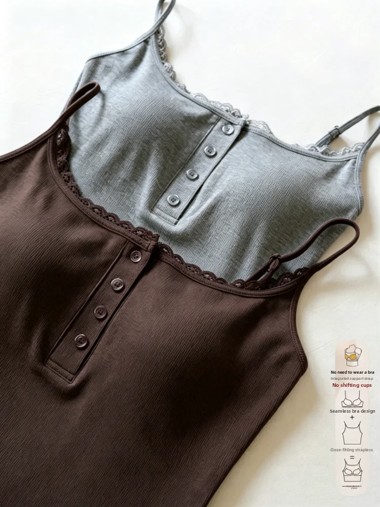 Lace Button Women's Tank Top 95 Cotton Inner Wear Slim Fit Base Shirt Summer Style Simple Design Pure Color Outerwear