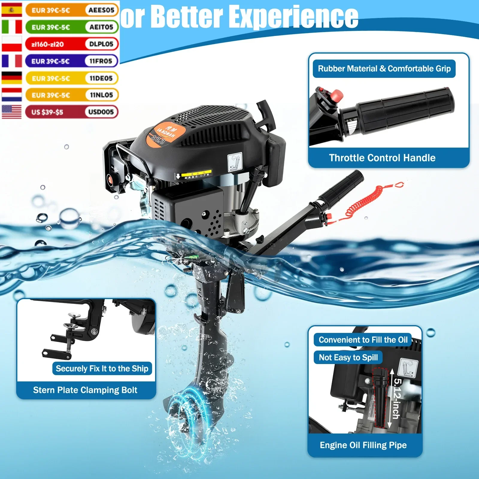 HANGKAI Heavy Duty 6 HP Fishing Boat Outboard Motor ,4 Stroke Outboard Motor Boat Engine ,Air Cooling System Boat Accessories