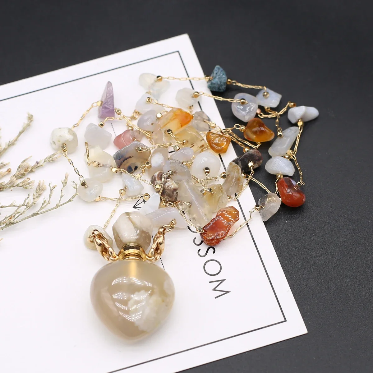 

Natural Semi-precious Stone Perfume Bottle Cherry Blossom Agate Pendant Women Make DIY Necklace Bracelet Accessories Chain 80cm