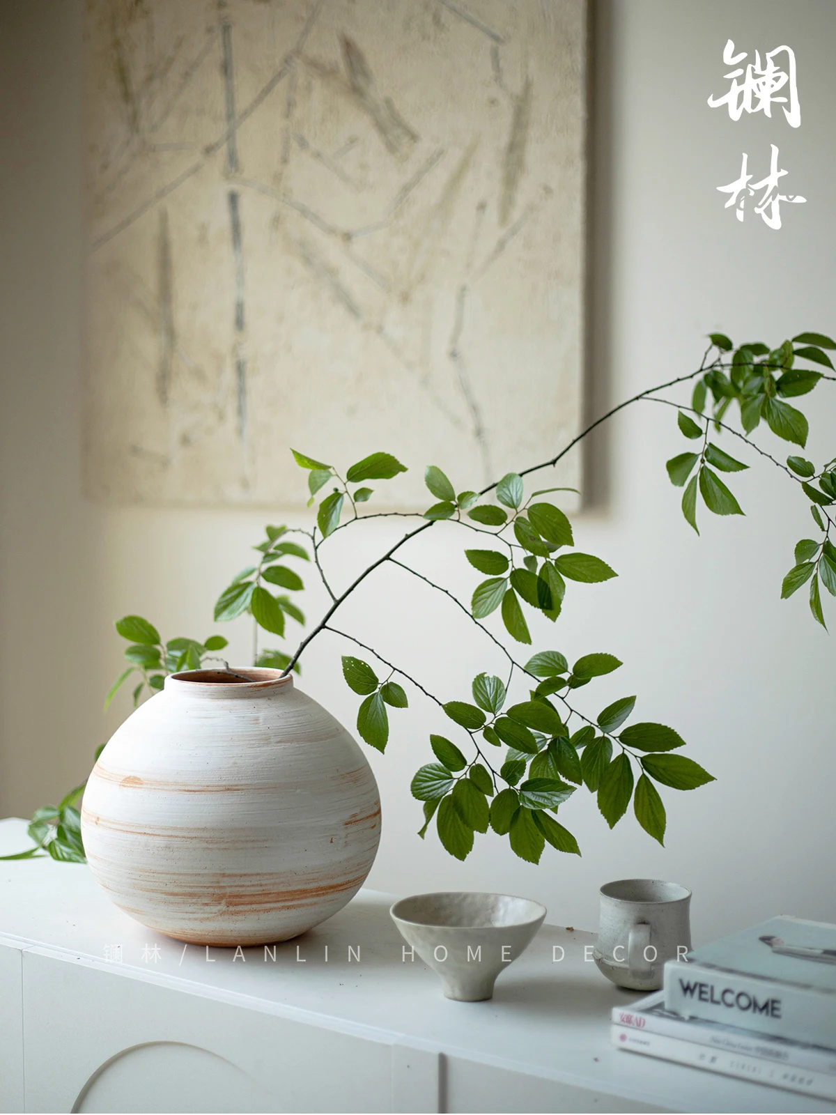 Jingdezhen retro ceramic vase living room flower arrangement Zen teahouse porch Nordic decorative coarse pottery jar