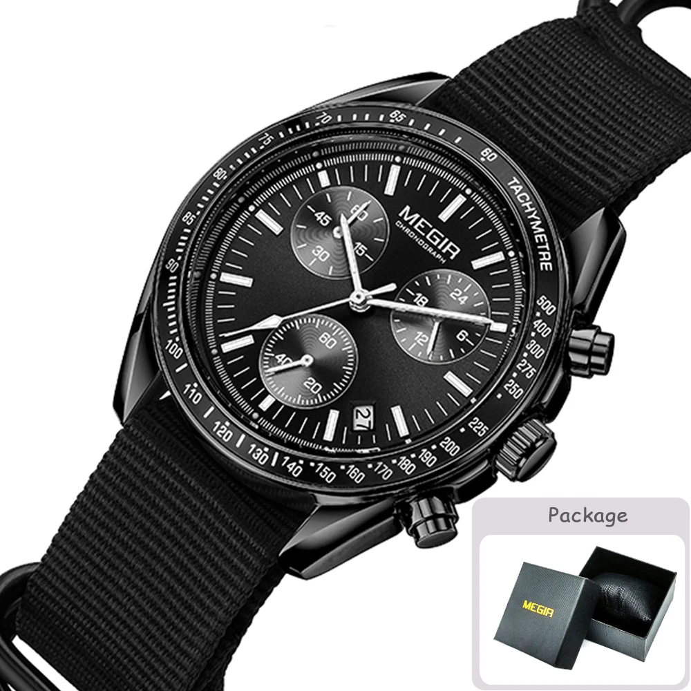 MEGIR New Luxury Men's Watches Canvas Weaving Strap Sport Automatic Chronograph Quartz Waterproof Wristwatch for Male 2247