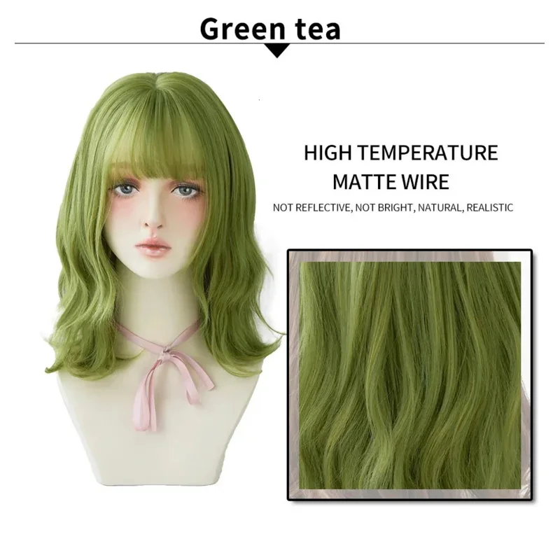 Parrucca 7JHH parrucca verde oliva a onde profonde con frangia adatta per feste da donna squisito ruolo sintetico resistente al calore medio