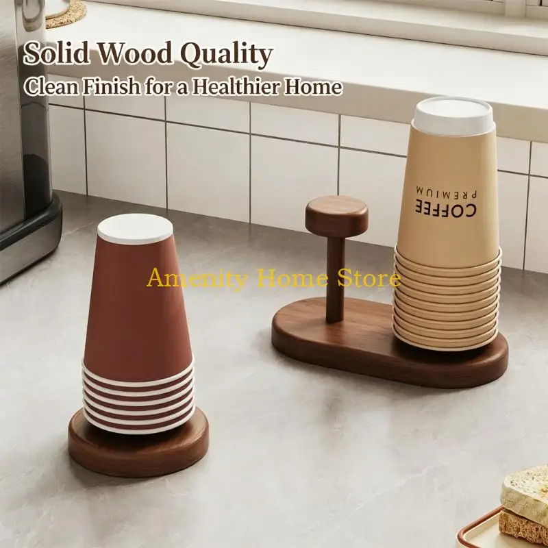 F26C Ready-to-Use Paper Cup Holder Organizers, Solid Wood Countertop Storage Stand for Organized Access in Homes Refreshment