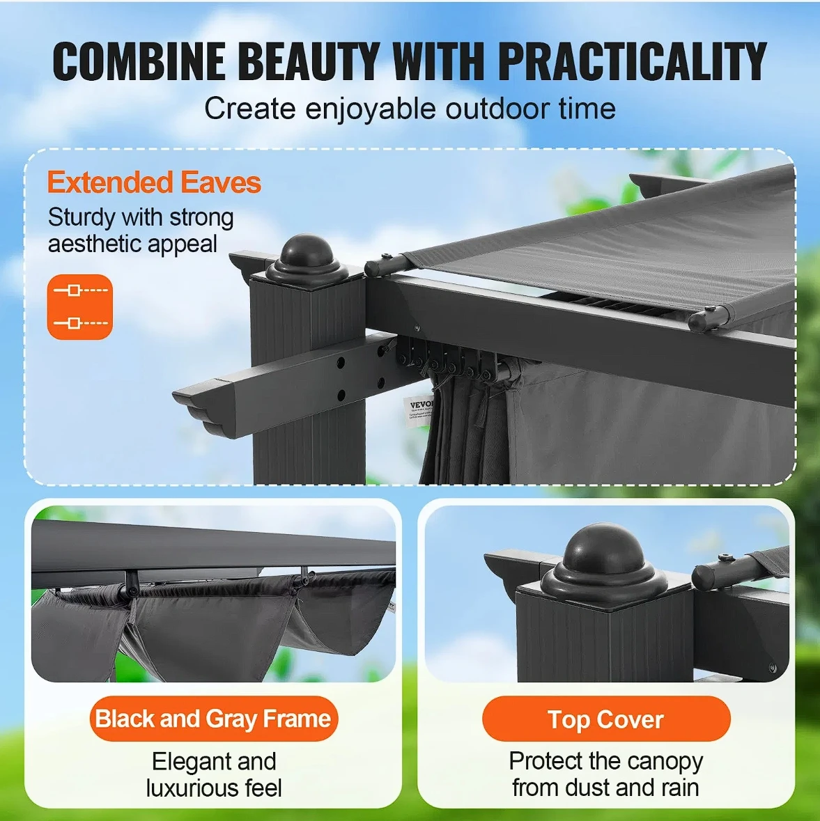 VEVOR 10'x10' Pérgula retrátil externa com dossel de proteção solar alumínio cinza