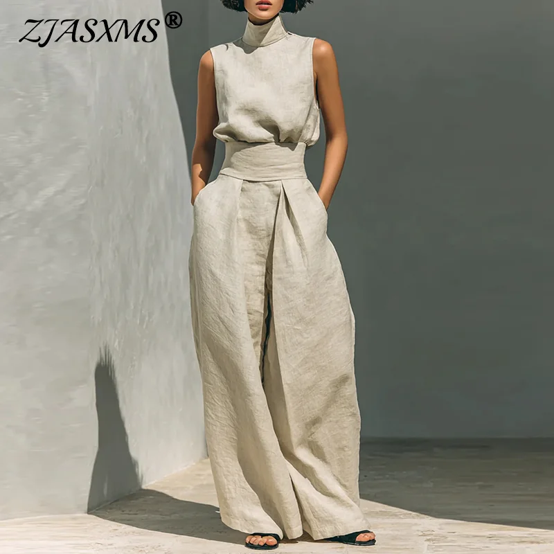 

Новый винтажный комплект из хлопка и льна для женщин: топ без рукавов с воротником-стойкой и брюки с высокой талией, свободный крой, на пуговицах, весна-лето