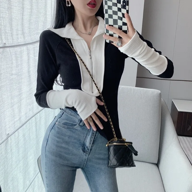 Slim Fit Knitted Base Shirt Color Block Design Autumn Collection Korean Style Chic Collar Women's Fashionable Top