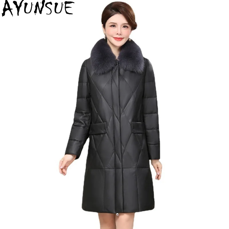 AYUNSUE Piumino in vera pelle Donna Abiti invernali 2025 Cappotto di pelle di pecora di media lunghezza per donna Collo di pelliccia di volpe Jaqueta Couro