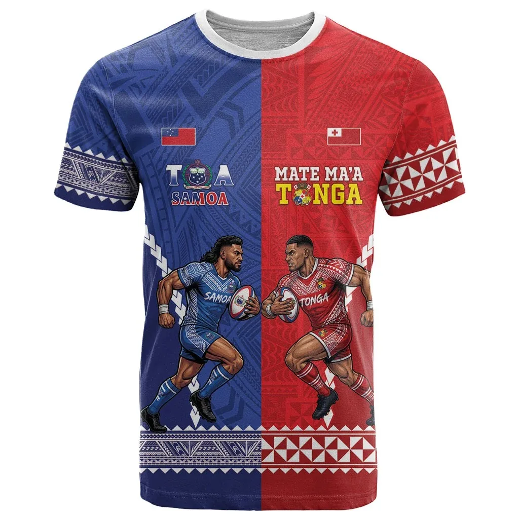Men's Samoa Tonga Split Rugby Player Print T-shirt Sports Gathering, Crew Neck,Quick Dry Breathable Relaxed Fit Short Sleeve Tee