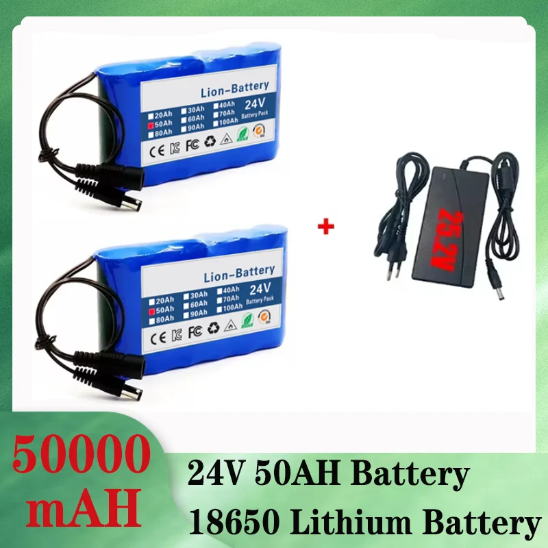 

24v 6S1P Battery Pack 50000mah Rechargeable Lithium Ion Battery 50ah Capacity for CCTV Camera Monitor with DC 25.2V 1A Charger