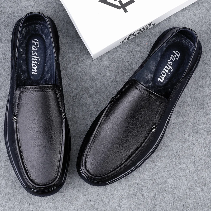 Spring Autumn Men's Top Layer Cow Leather Business Casual Shoes Soft Bottom Formal One-Step Dad Shoes for Middle-Aged and Elderl