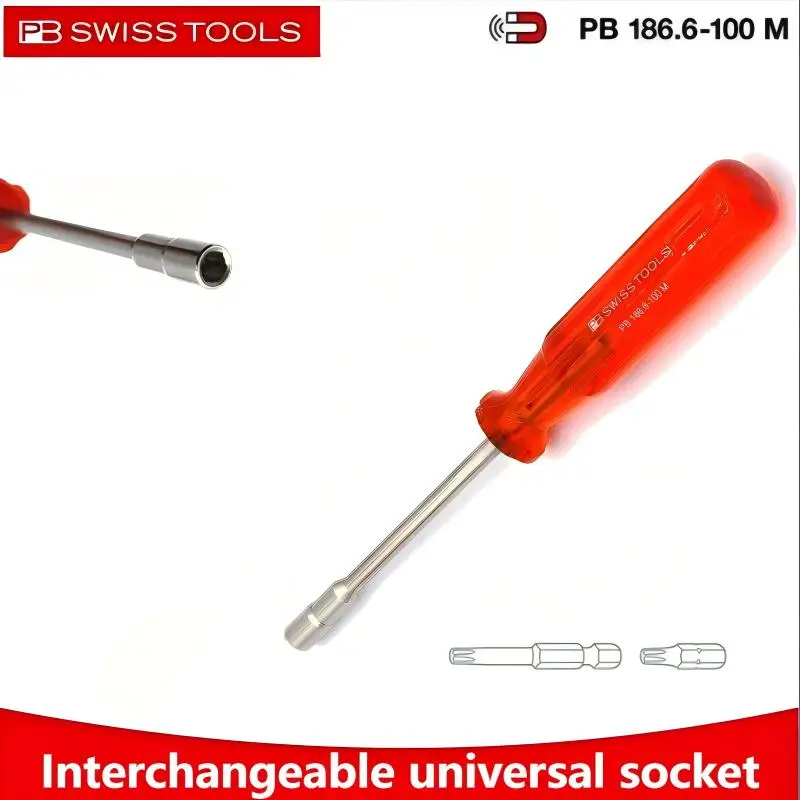 PB SWISS TOOLS 186.6-100 M - Interchangeable C6.3 Bit Handle, Universal Socket, Ergonomic for DIY/Pro