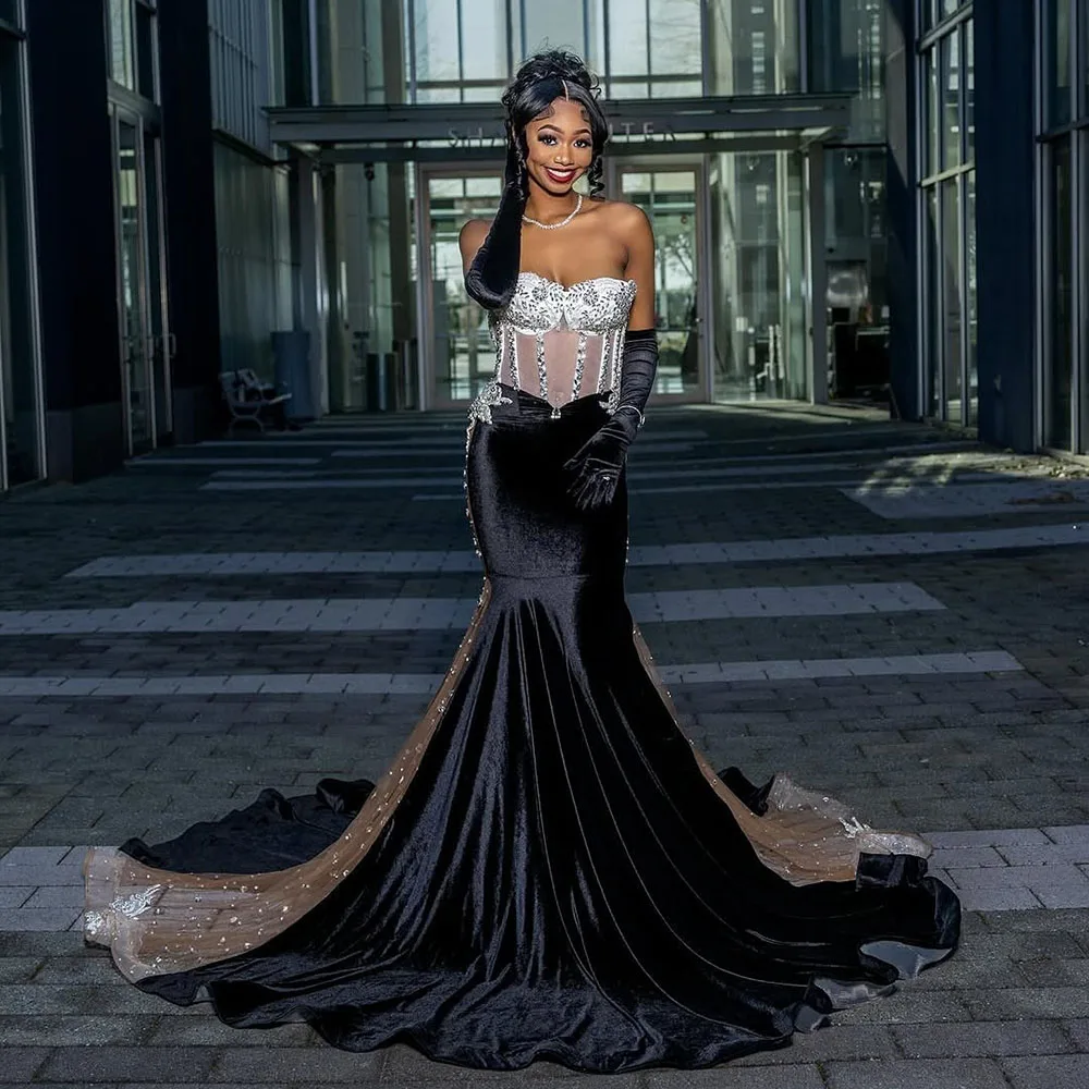 

Sexy Black Prom Dresses 2025 Luxury Velvet Mermaid Party Dress Beading Vestidos De Fiesta Customized