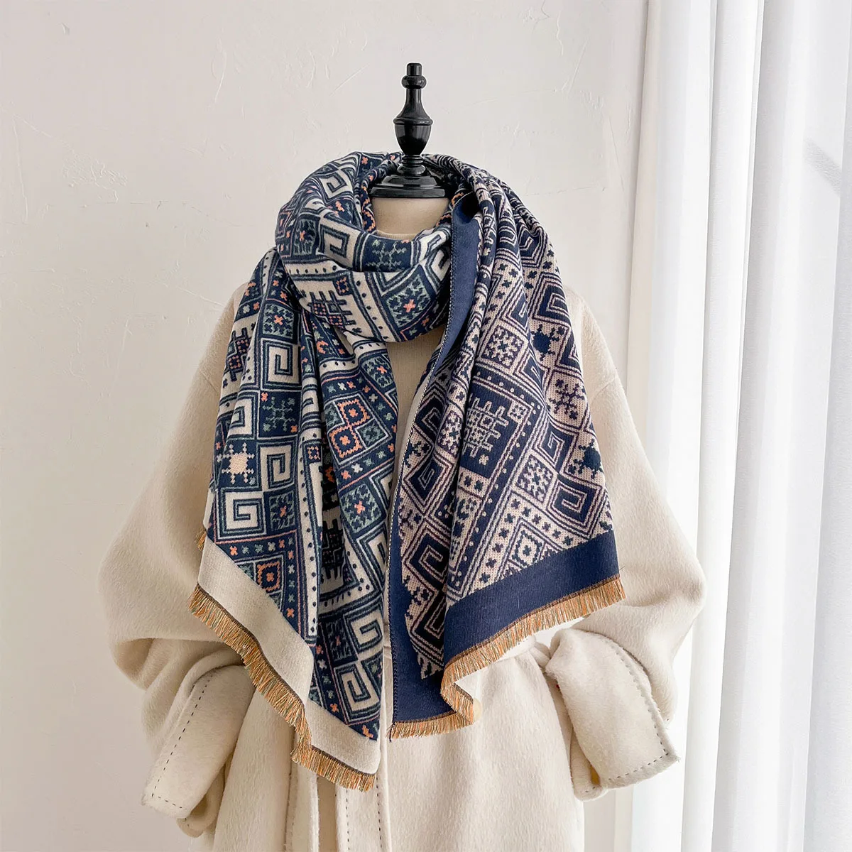Women Block Brushed Pashmina Scarf Double Sided Reversible Shawl Short Fringe Thick Warm Wrap Winter Ethnic Outerwear Accessory