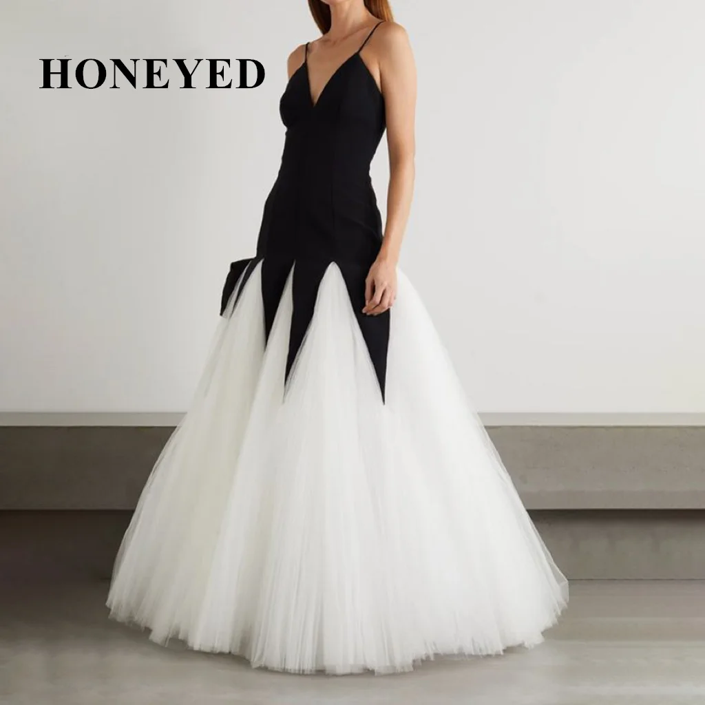 Honeyed V-Neck Prom Dress Sexy Party Black Satin White Tulle A-line Evening Formal Sling Floor Length Dresses for Women 2023