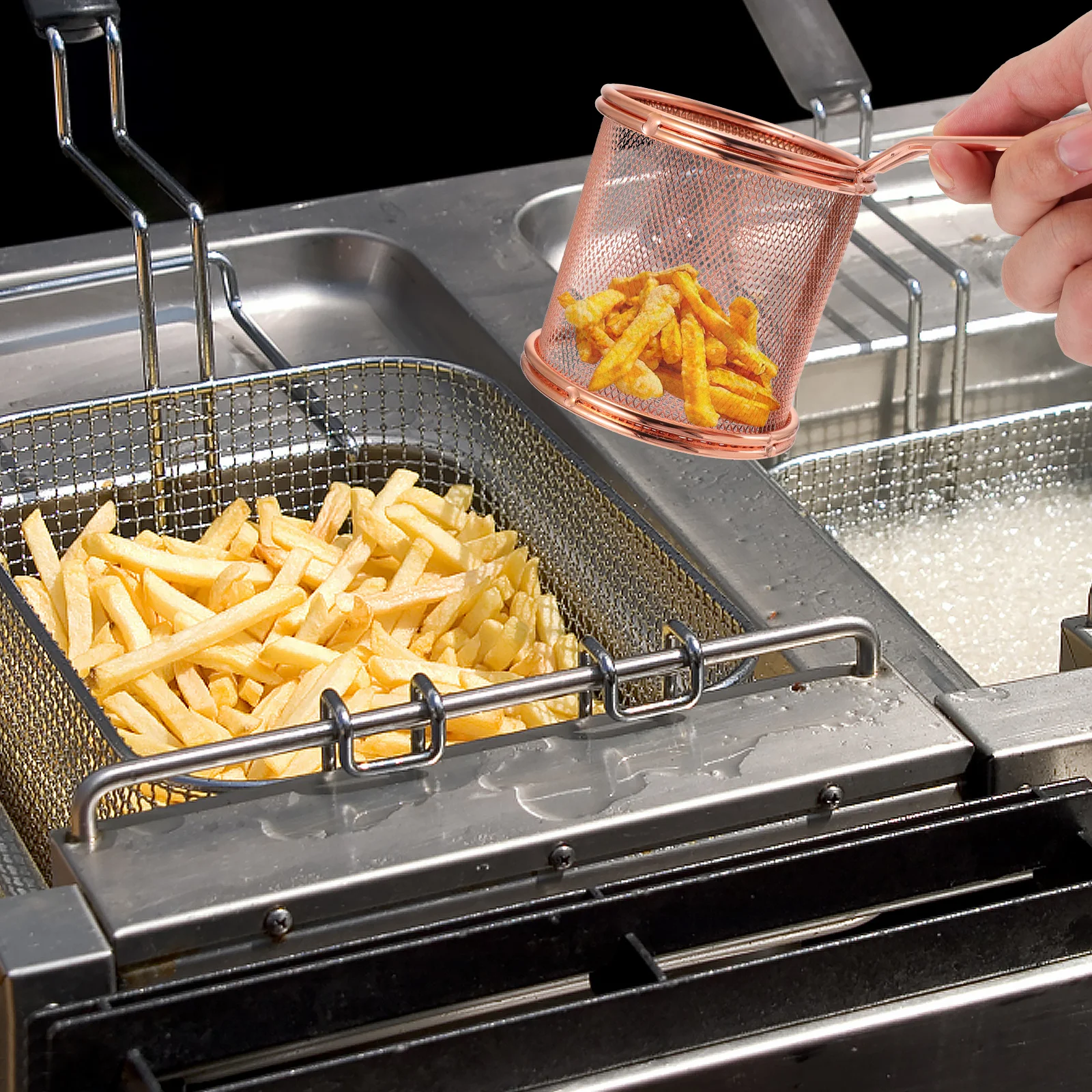 

1pc Stainless Steel Frying Basket Rose Gold For French Fries Wings Potatoes Deep Fry Mesh Colander Dishwasher Safe Multi Purpose