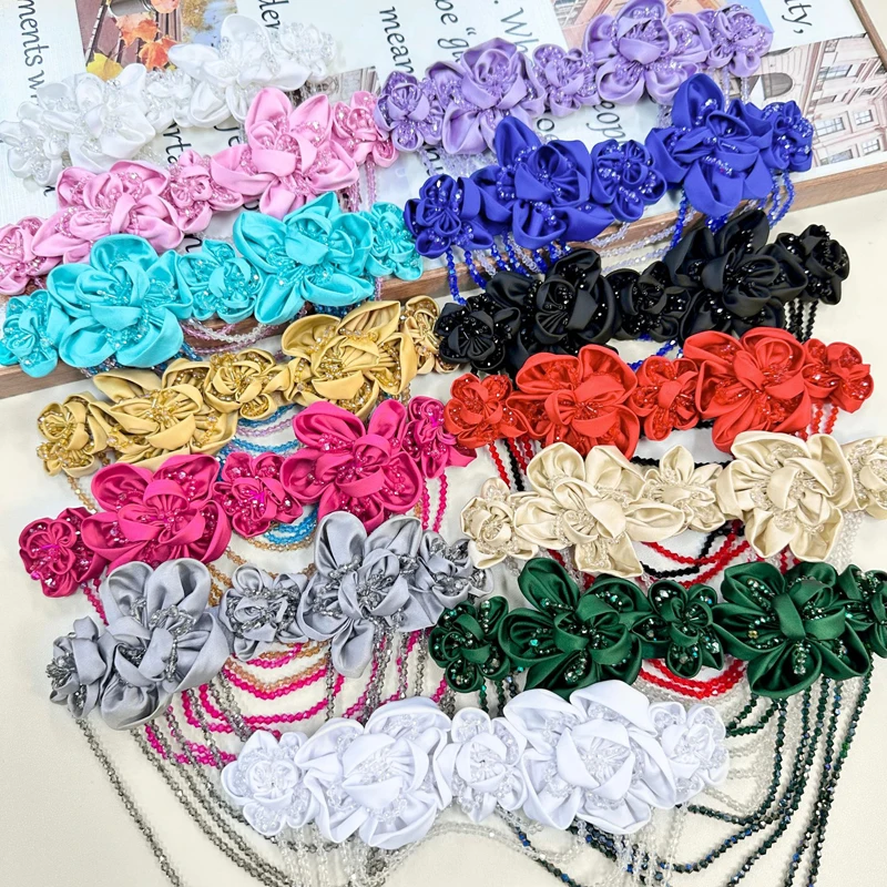 

Handmade Fabric Flower Applique High-End Crystal Tassel Shoulder Flower Multi-colored Sequin Beaded Garment Accessories Patch
