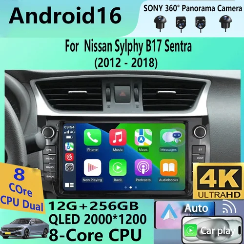Imagen 1 del producto Radio para Auto con Carplay Android 16 para Nissan Sylphy B17 Sentra 2012 2013 2014 2015 2016 2017 2018 Reproductor Multimedia de DVD y Video Estéreo