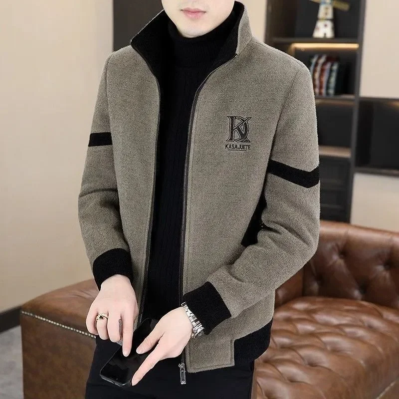 Men's Fashionable Woolen Jacket Autumn Winter Thickened Fleece Lined Stand Collar Casual Stylish Leisure Tweed Coat
