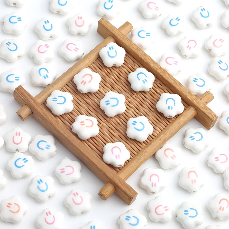 10pcs 15mm Pink And Blue Five-pointed Star Ceramic Beads & Bead Assortments, Smooth Surface Smiled Expression Plum Blossom Beads