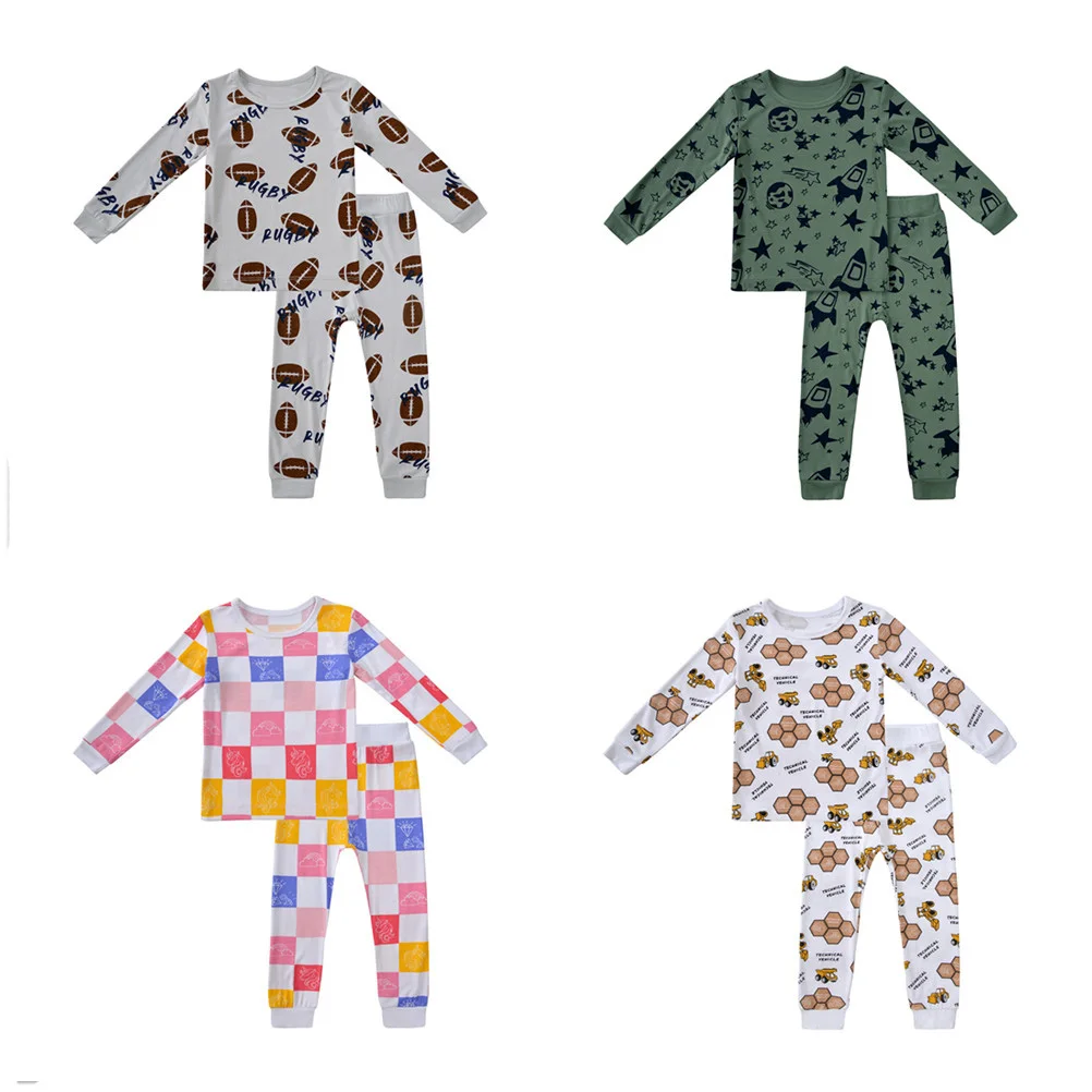 Autumn Winter Kids Long Johns Set Printed Rugby/Rocket/Unicorn/Engineering vehicle Home Wear Boy Girls Clothes 1-7Y