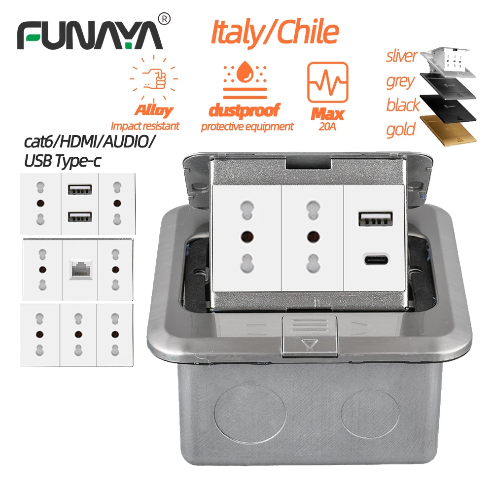 

FUNAYA Pop-up Socket Italian Chile 3P Plug with USB Type-C CAT6 HDMI Built-in Floor Recessed Desktop Furniture Plug 20A Sockets