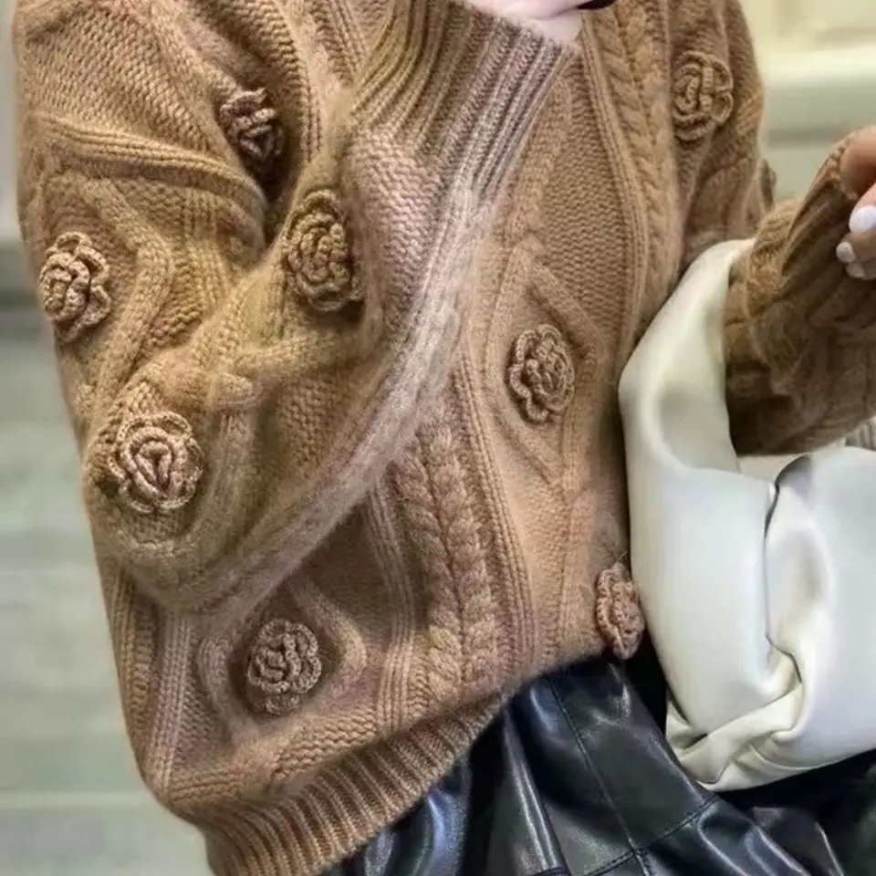 Women\'s 3D Roses Crocheted Pullovers Long Sleeve Twist Flowers Knitted Sweater Shirts Autumn Winter O-Neck Knitwear Jumper Tops