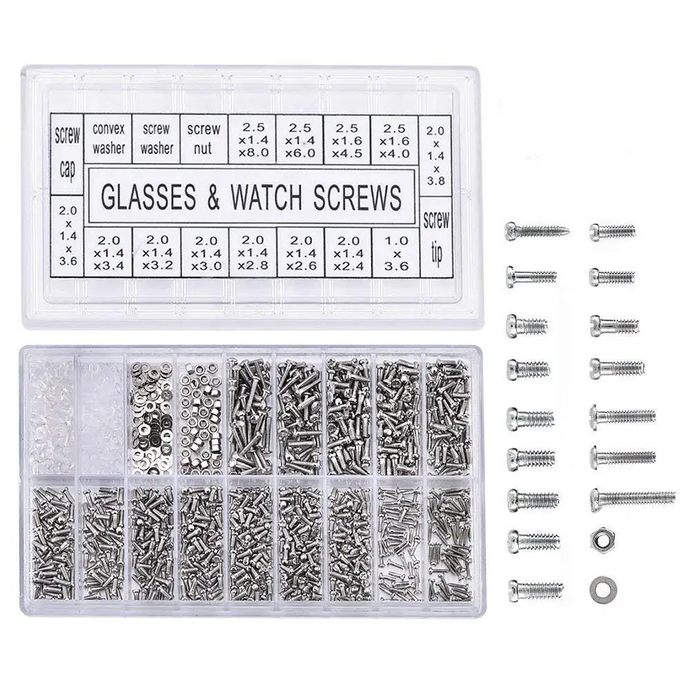 Parafuso substituição Kit Set para Óculos e Reparação do Relógio, Pequenos Parafusos, Variedade Porca, Aço Inoxidável, 1000Pcs