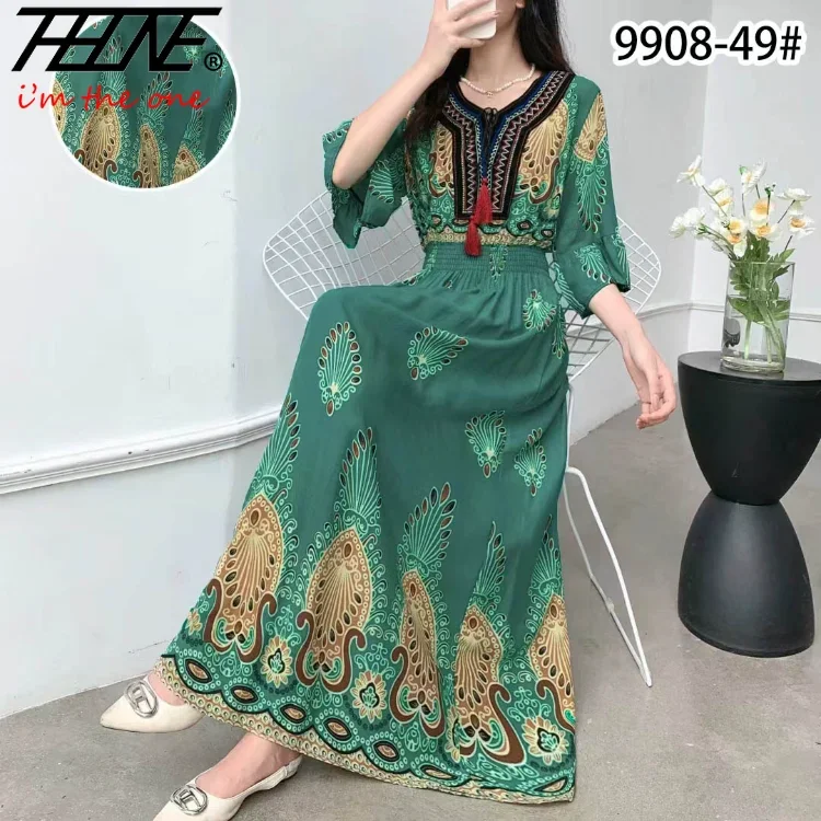 THHONE Long Dress Women Indian Clothes Bohemian Korean Embroidery Floral Cotton Linen Maxi Print Casual Vintage Vestidos Robe