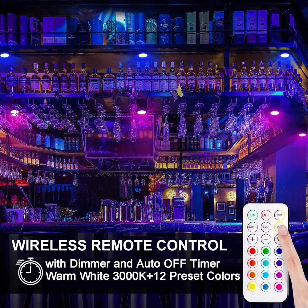 RGB LED Puck Nachtlichter Fernbedienung Dimmbare Unterbauleuchte Batteriebetriebene Kabellose Drucklampe Küche Schrank – Detail 7