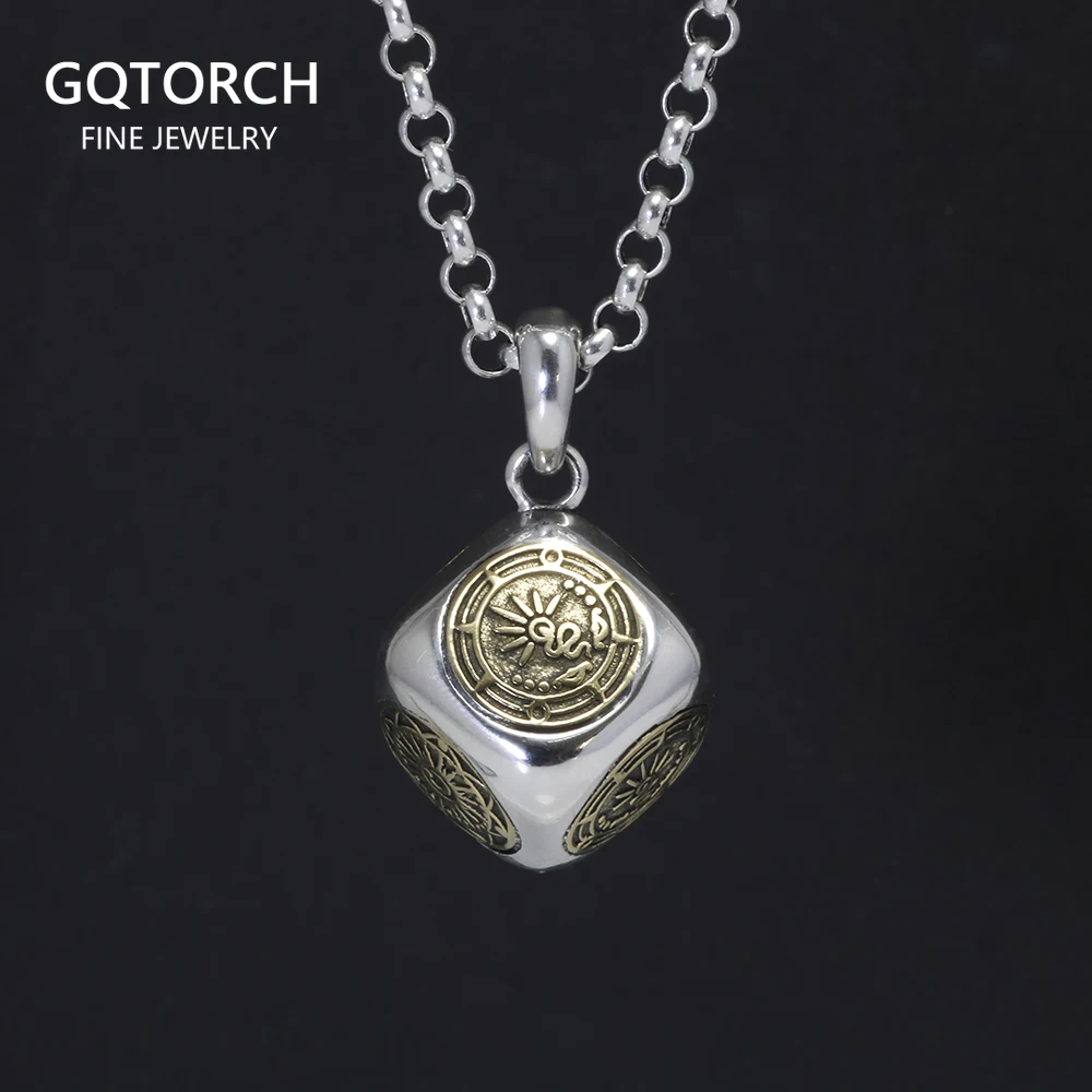 

100% 925 Sterling Silver Lucky Dice Pendant Necklace with Vintage Punk Gold Sun Moon Ancient Symbols Personalized Jewelry