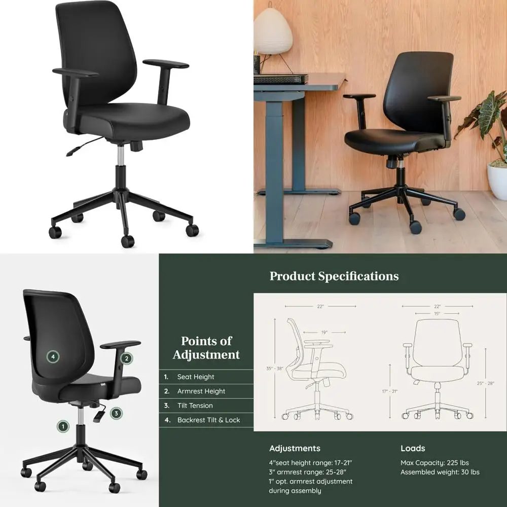 

Vegan Leather Swivel Office Chair with Lumbar Support and Adjustable Armrests for Comfortable Seating