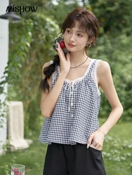 MISHOW French Sweet Lace Plaid Suspender Vest Women 2024 Summer Loose Fit U Neck Lace-up Blouses Sleeveless Doll Top MXD26X1567