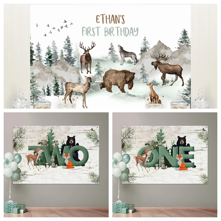 

Winter Woodland 1st Birthday Party Backdrop Decorative Cover Cute Forest Animals Customizable Baby Shower Photography Banner
