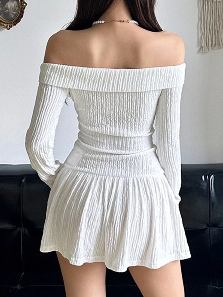 Pure Desire French Style Dress Bow One-Shoulder A-Line Long Sleeve Slimming Hot Smocked Waist Mini Slimming Elegant Dress