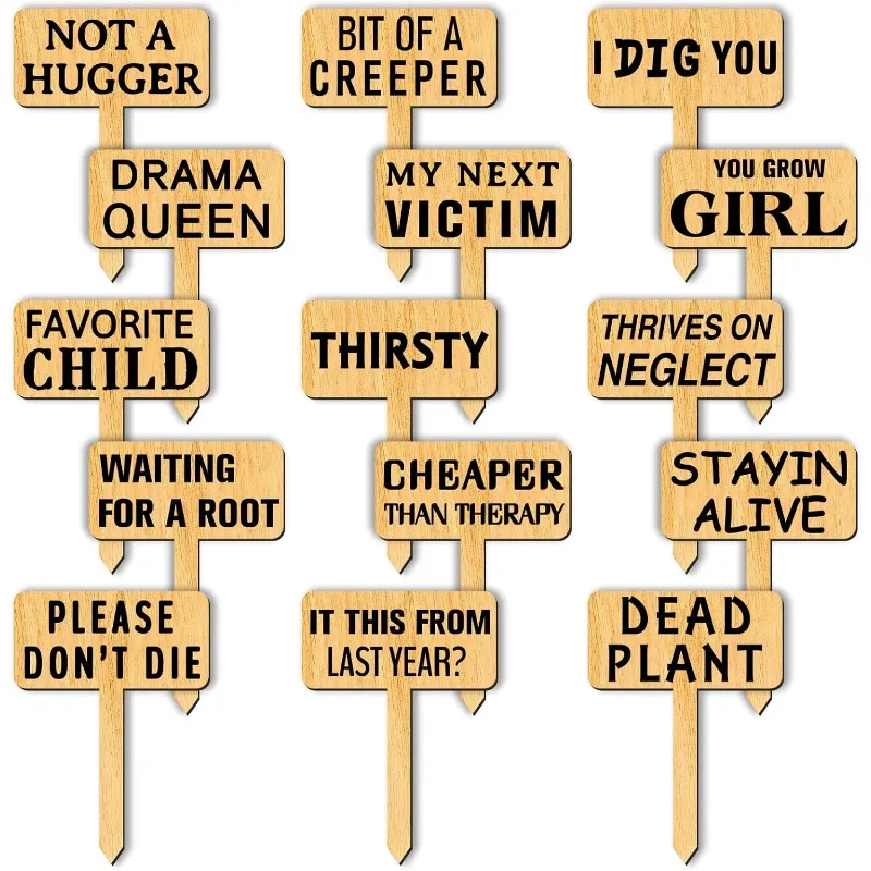 15 Pcs Funny Plant Markers Wooden Garden Stakes T-Type Garden Labels Funny Talking Plant Funny Garden Signs