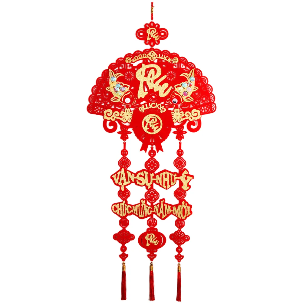 Vietnamese New Year Decoration Pendant with Flannel Fish Scale Pattern and Three Tassels for Indoor Hanging Ornament