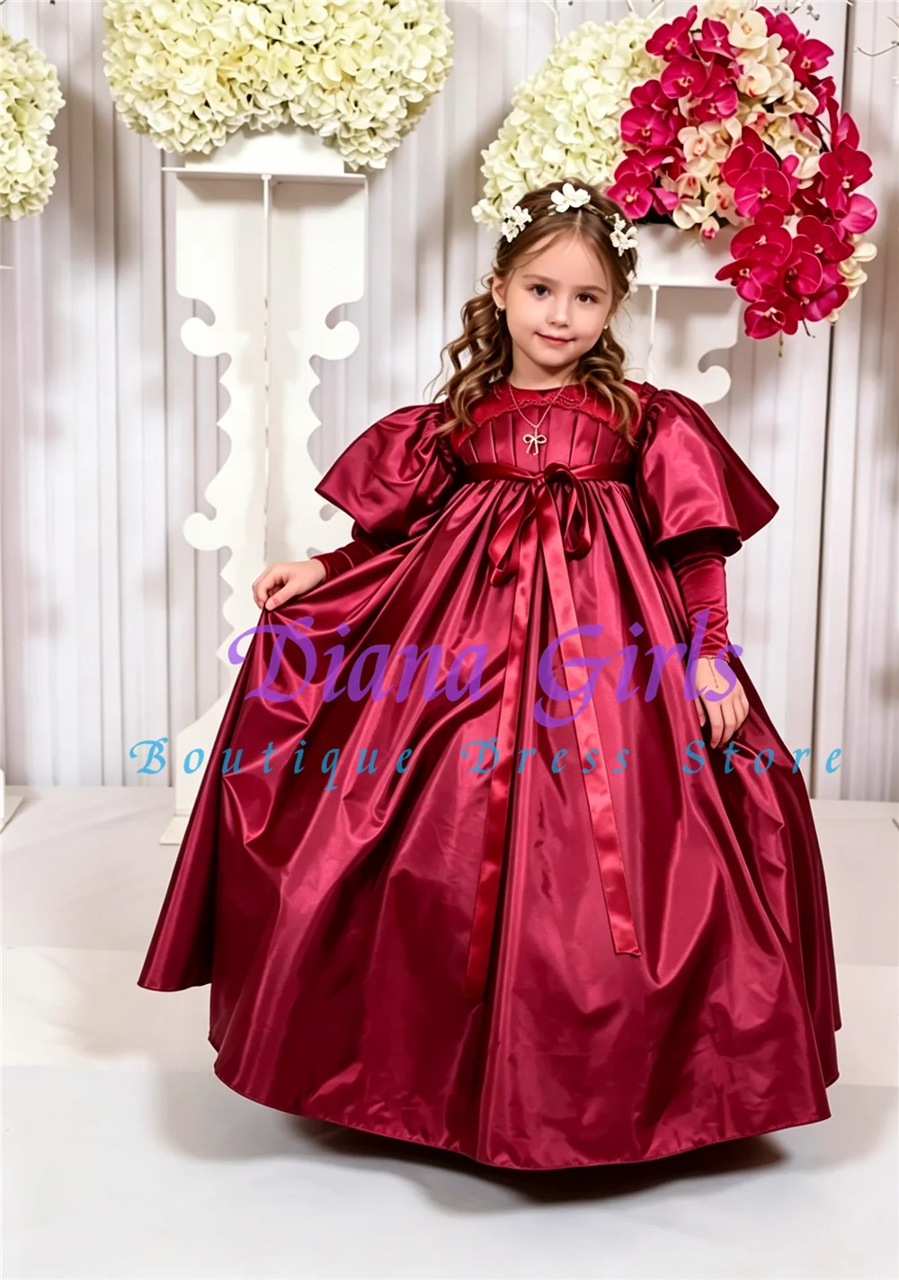 Vestido de Niña para Fiesta de Bodas, Cumpleaños o Eventos Especiales, Elegante, Color Blanco, con Lazo Rojo Largo, Satinado y con Falda Voluminosa