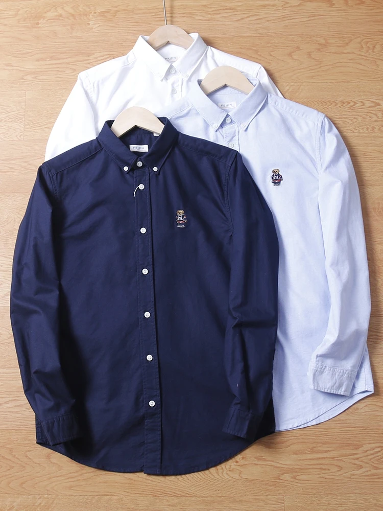 Camisa Casual de Manga Longa para Homens em Algodão Oxford com Bordado de Padrão de Urso, Camisa de Marca Trendy
