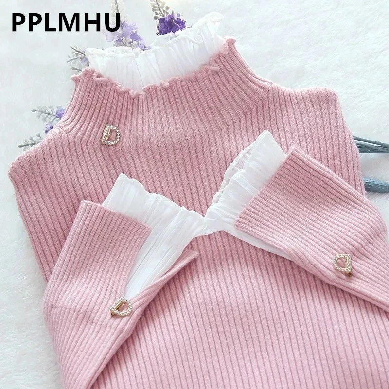 Korean Patchwork Warm Sweater Women Elegant Long Sleeve Slim Turtleneck Knitted Pink Tops Chic Ruffle Pullover Fake 2 Pieces