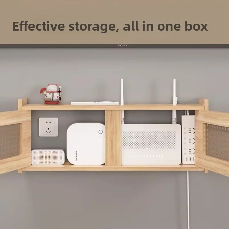 Wood Wall Mounted TV Box WiFi Router Storage Shelf with Cable Management Floating Media Console Organizer Hidden Set-Top Box