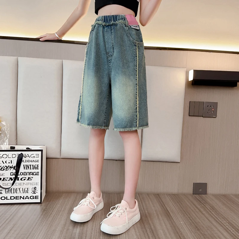 Children Vintage Blue Denim Shorts with Raw Hem for Tween Girls Fashion Street Style Knee-Length Short Jeans for Kids Teenager
