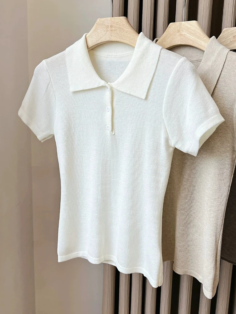 AOSSVIAO 2026 Summer New Women T-shirt Retro Polo Collar Knit Short Sleeve Tee Simple Versatile Figure Flattering Solid Top