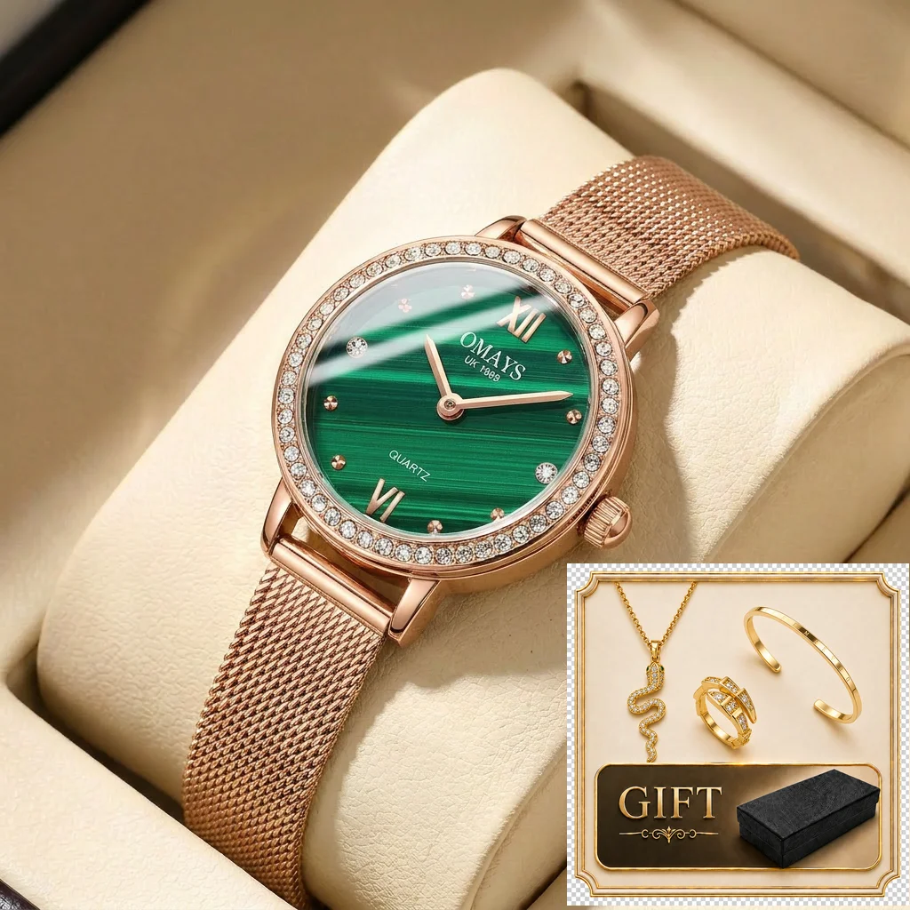 4pcs Gift Box Set Women's Green Dial Alloy Strap Fashion Jewelry Details Quartz Watch Gift Box Set for Party Holiday