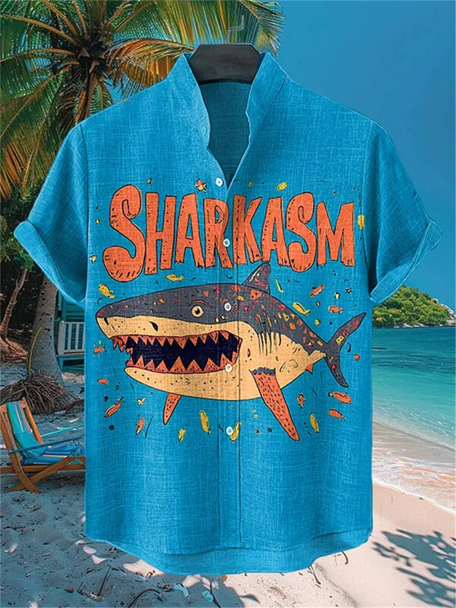 Men's short-sleeved shirt, summer Hawaiian style, funny shark print, loose and breathable casual top, trendy Hawaiian shirt.
