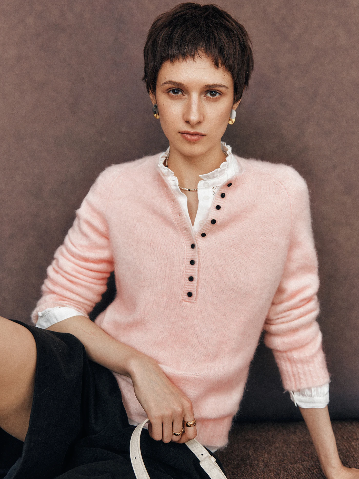 

Soft Comfort Women's Knitted Sweater Fce-lined Wool And Camere oulder Insert Henry Collar Long Sve Warm Casual Wear