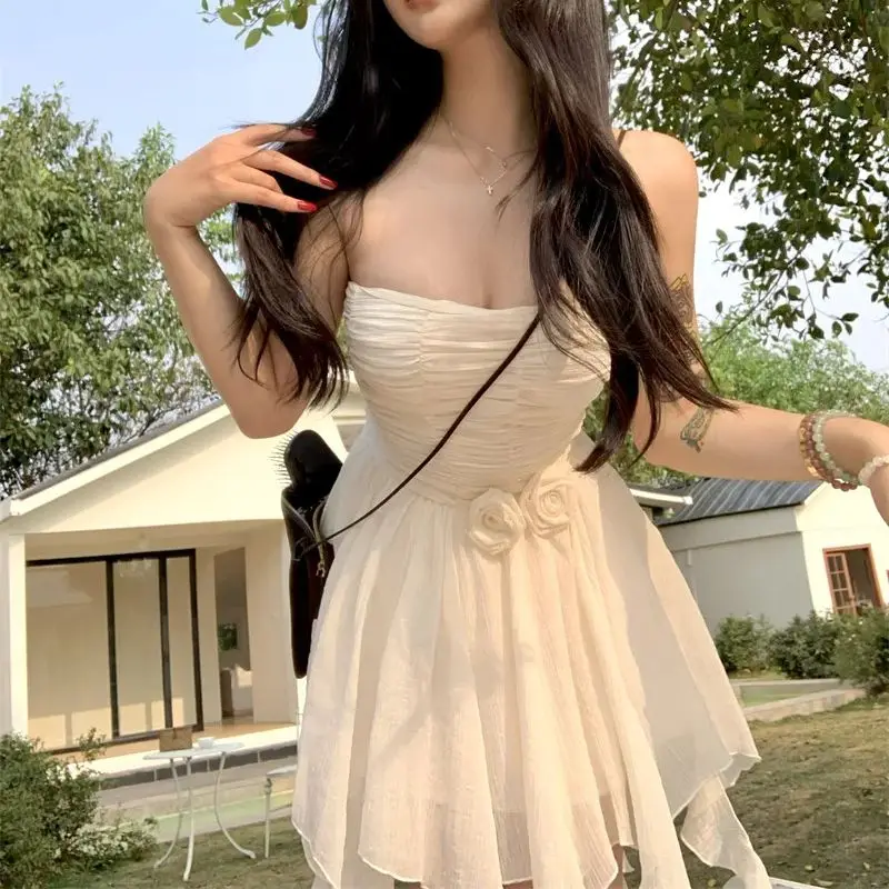 Spring and summer new style tipsy sweet tea heavy waisted A-line detachable floral tube top dress for women