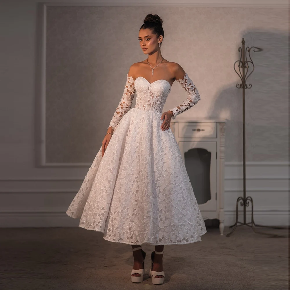 Elegant Women's Detachable 3/4 Sleeve Lace Shiny Wedding Dress A-line Ankle-Length Backless Bridal Gown Customized