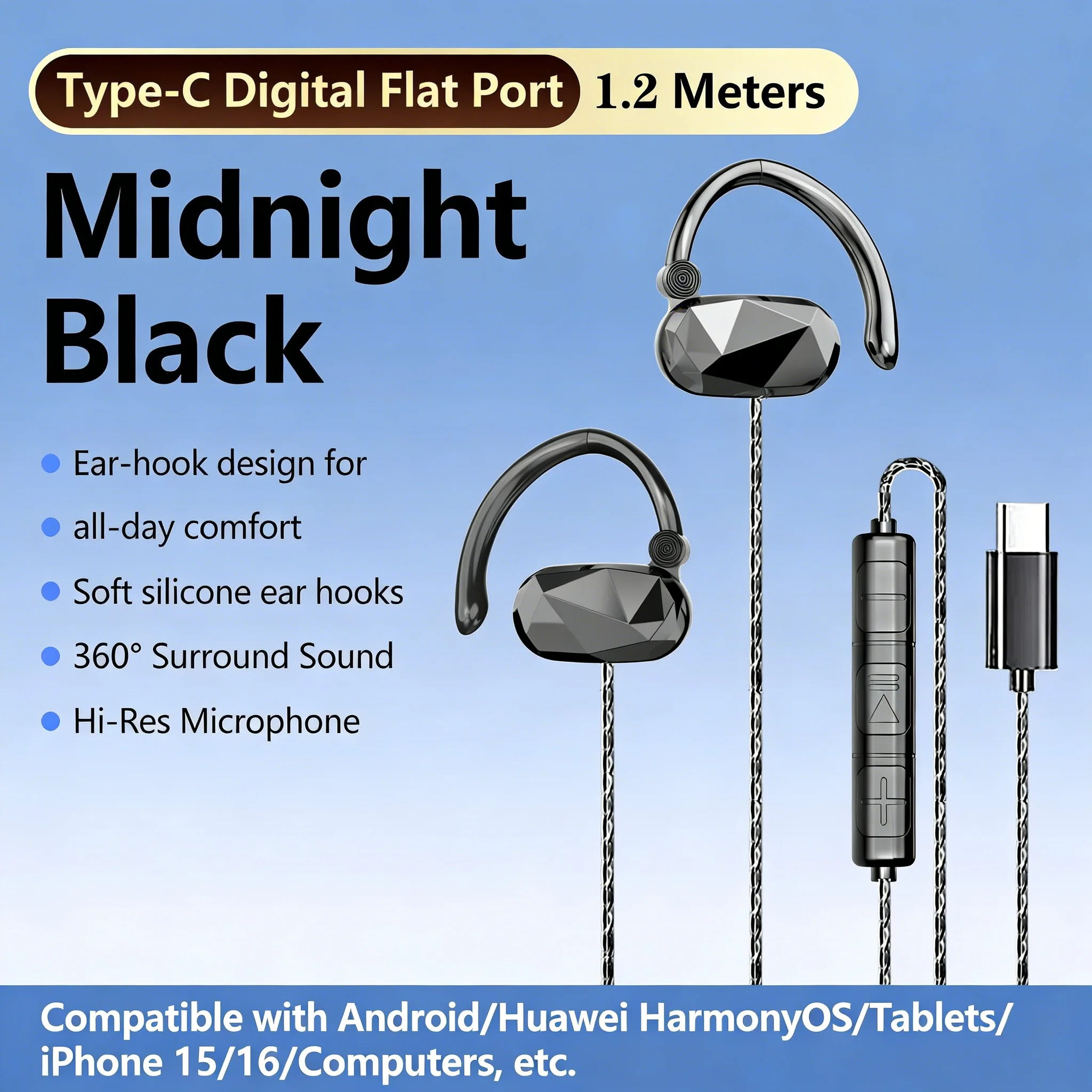 Fone de Ouvido com Gancho Estilo Aberto com Fio, 1.2m de Comprimento, Interface 3.5mm e Tipo-C, com Microfone