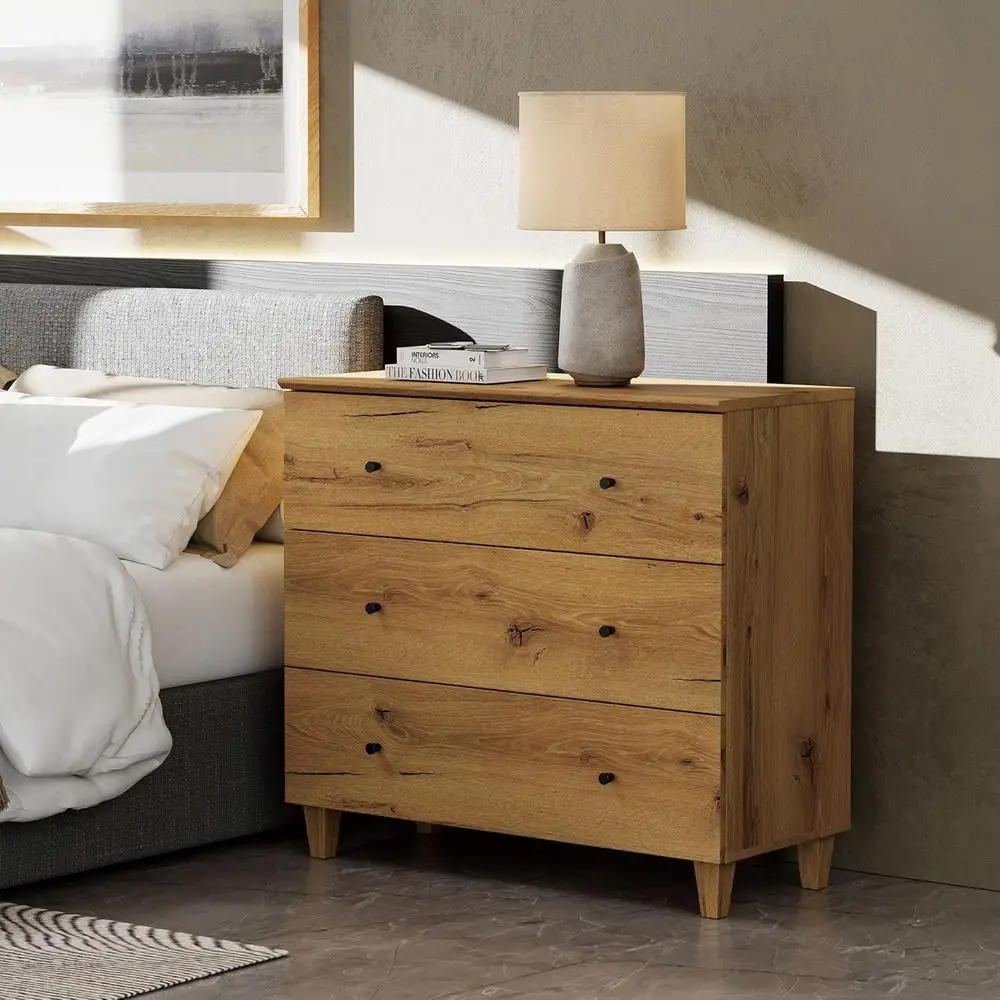 

3-Drawer Oak Brown Bedroom Chest with Wide Nightstand and End Table, 35