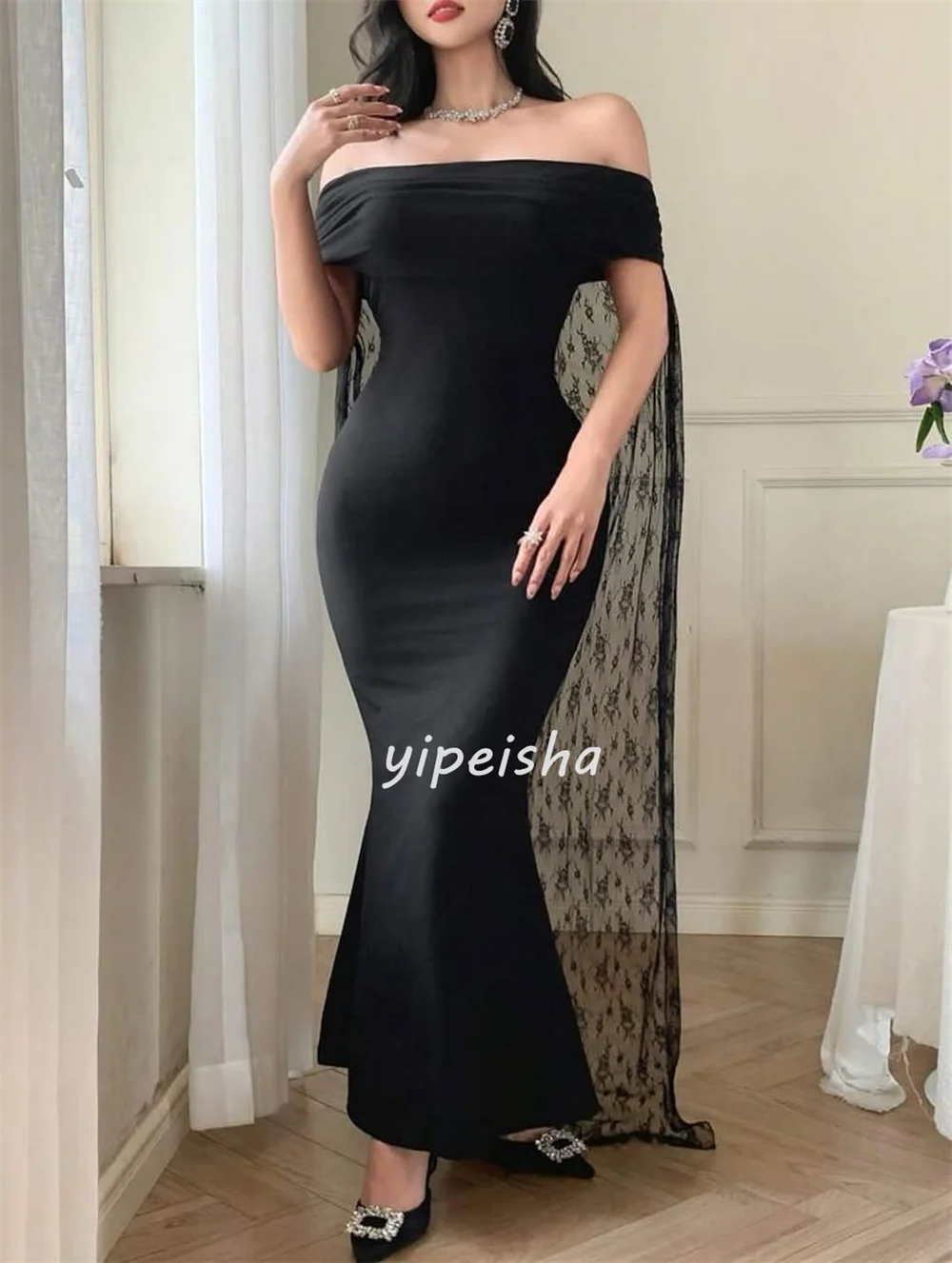 Customized Modern Style Classic Jersey Pleat Column Off-the-shoulder Ankle Length Dresses Bespoke Occasion Dresses Matching